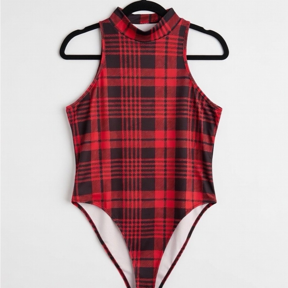 Red Plaid Sleeveless Bodysuit